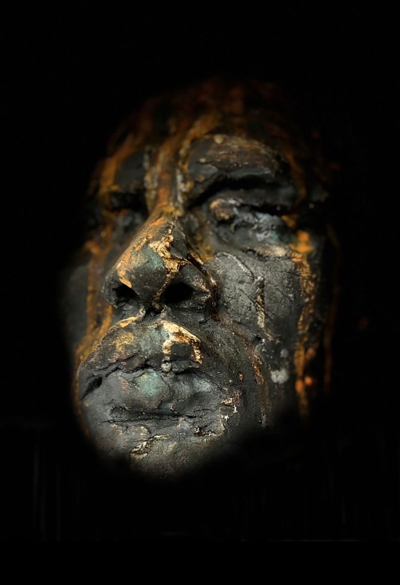 Gwenda-Jones-Sculpture-Primal-Silence-The-chaos-of-him-ceramic-and-steel-2025-DEAIL-H38cm-x-W23cm-x-D25cm.